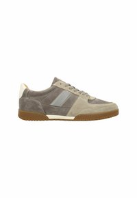 Gray suede sneaker with a brown rubber sole, featuring a leather accent near the heel, and a smooth side stripe design. Lace-up closure.