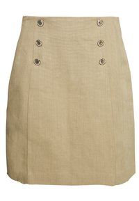 Béžová sukně vyrobená z texturované tkaniny, která má vpředu čtyři stříbrné knoflíky, s rovnou siluetou a jemnými sklady.