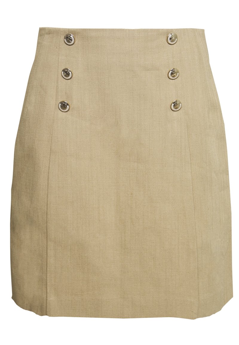 Béžová sukně vyrobená z texturované tkaniny, která má vpředu čtyři stříbrné knoflíky, s rovnou siluetou a jemnými sklady.