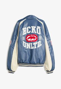 Blue leather bomber jacket with white accents, featuring "ECKŌ UNLTD" text and a red emblem on the back, ribbed cuffs and hem.