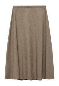 Jupe mi-longue en forme de A en tissu brun texturé avec un motif de carreaux subtil, dotée d'une taille lisse et d'une silhouette drapée.