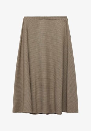 A knee-length, A-line skirt in a textured brown fabric with a subtle check pattern, featuring a smooth waistband and draped silhouette.