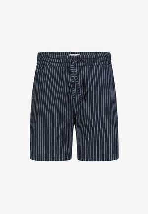 Navy blue striped swim shorts with an elastic waistband, drawstring detail, and a relaxed fit. Fabric appears lightweight and textured.