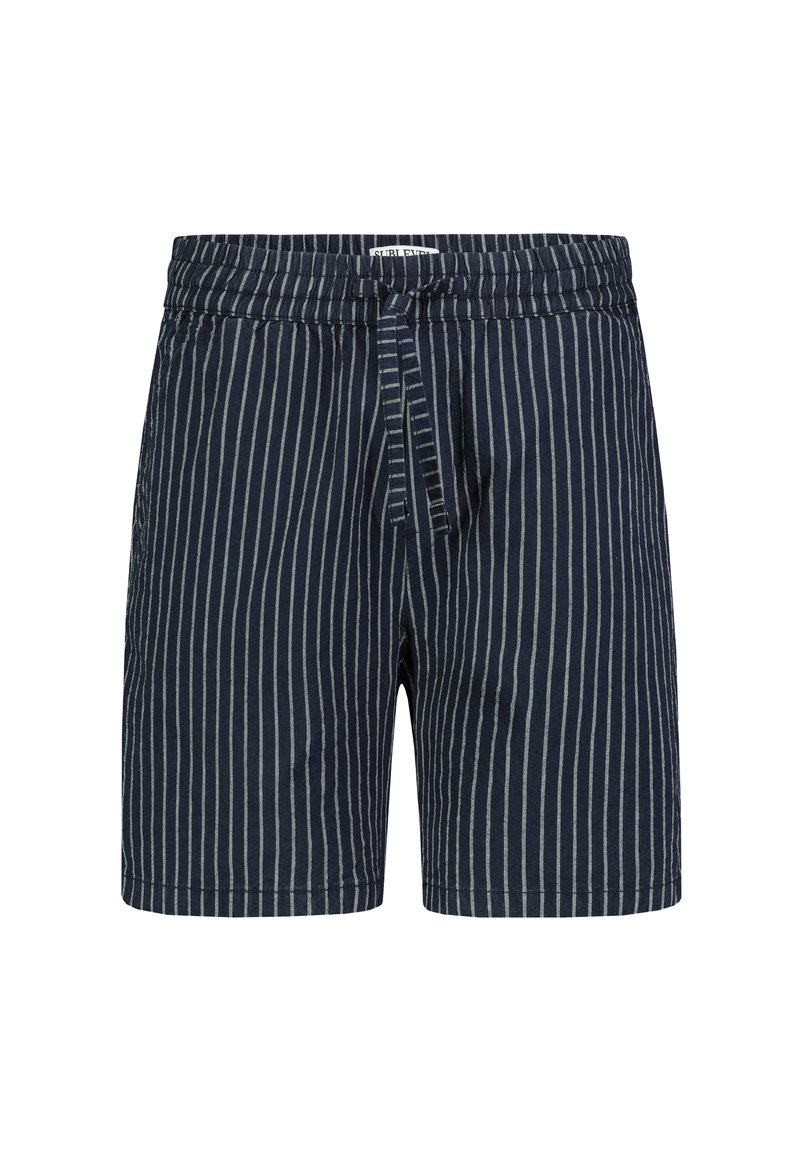 Marineblaue gestreifte Badehose mit elastischem Bund, Kordelzugdetails und lockerer Passform. Der Stoff wirkt leicht und strukturiert.