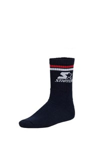 Marine Crew-Socken mit geripptem Bündchen, versehen mit roten und weißen Streifen sowie einem weißen "Starter"-Logo, das seitlich eingestrickt ist. Material aus Baumwollmischung.