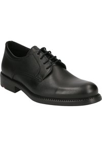 Scarpa nera in pelle con lacci, punta arrotondata, tomaia testurizzata, finitura liscia e tacco basso impilato. Presenta lacci e dettagli di cucitura tonali.