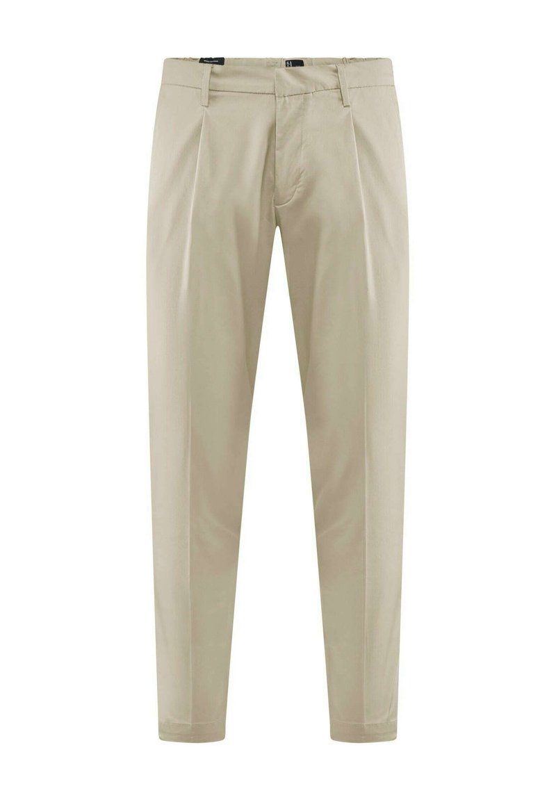 Pantaloni beige a pieghe con tessuto liscio, taglio dritto e due tasche frontali. Design minimalista con sottili dettagli a cucitura.