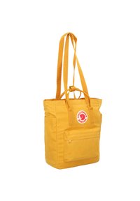 Borsa a tracolla gialla con un esterno resistente, due manici superiori e lunghe cinghie. Presenta una tasca frontale con zip e un'etichetta rotonda con logo.