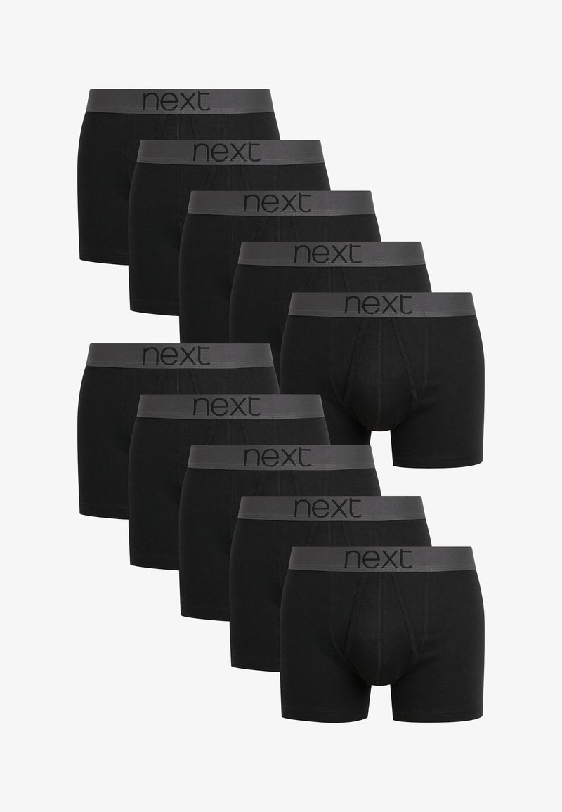 Zwarte katoen boxershorts met een grijze elastische tailleband waarop het merk "next" staat. Negen paar in een verspringende opstelling, met een effen ontwerp.