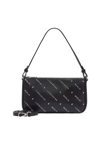 Borsa a tracolla nera rettangolare con motivo di testo bianco diagonale "Liebeskind Berlin", zip superiore, una tracolla e tracolla staccabile.