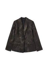Schwarze Blazer mit metallischem Wirbelmuster, einreihiger Knopfverschluss, geknöpfte Revers, zwei vordere Taschen und strukturierter Stoffoberfläche.