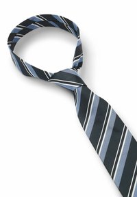 Gestreepte dassenu in tinten blauw, zwart en wit met een klassieke knoop, plat neergelegd op een witte achtergrond.