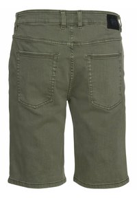 Olive green denim shorts with a straight cut, two back pockets, and a stitched hem. Features a branded patch on the waistband.