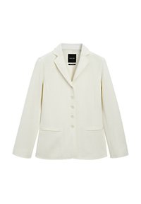 Weißer maßgeschneiderter Blazer mit Reverskragen, fünf Knopfverschluss, zwei Fronttaschen und strukturiertem Schnitt. Aus einem glatten Stoff gefertigt.