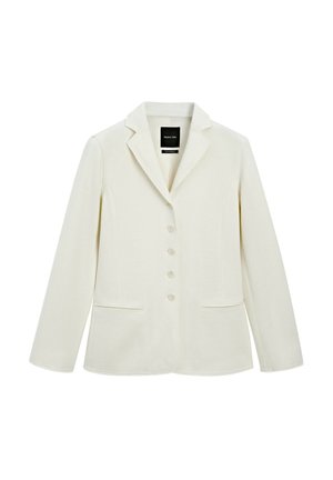 Blazer bianco su misura con rever a punta, chiusura a cinque bottoni, due tasche frontali e una vestibilità strutturata. Realizzato in un tessuto liscio.