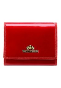 Red patent leather wallet with a smooth texture, gold logo detail, fold-over design, and discreet stitching accents. Compact size.