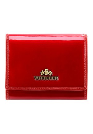 Red patent leather wallet with a smooth texture, gold logo detail, fold-over design, and discreet stitching accents. Compact size.