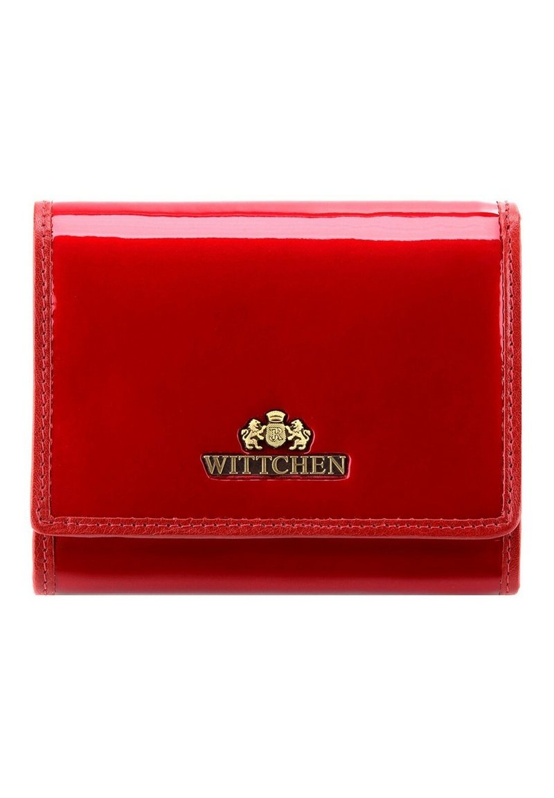 Red patent leather wallet with a smooth texture, gold logo detail, fold-over design, and discreet stitching accents. Compact size.