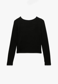Zwarte cropped long-sleeve top met een ronde halslijn. Gemaakt van gladde stof, met gestikte details op de achterkant. Minimalistisch ontwerp.