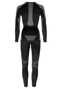 Black athletic base layer set featuring long sleeves and pants, with textured grey accents and paneling for enhanced fit and comfort.