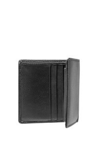 Schwarzes Lederportemonnaie mit strukturierter Oberfläche, ausgestattet mit mehreren Kartenfächern und einem faltbaren Fach. Kompaktes und minimalistisches Design.