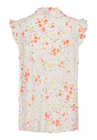 Bluzka z krótkim rękawem z lekkiego materiału, z multikolorowym kwiatowym wzorem na jasnym tle, z falbankami na krawędziach rękawów.
