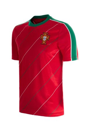 Rood sportshirt met groene kraag en mouwstrepen, met diagonale witte lijnen en een meerkleurig wapen op de borst.