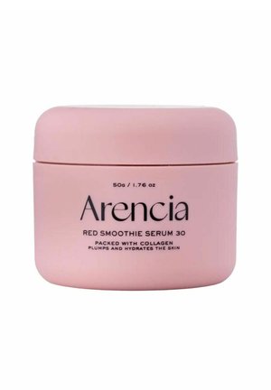 Contenitore cilindrico rosa etichettato "Arencia Red Smoothie Serum 30", 50 g, ricco di collagene per volumizzare e idratare la pelle.