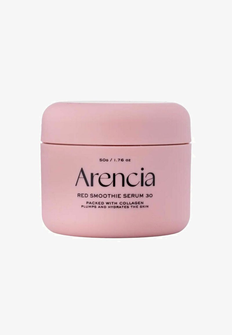 Contenitore cilindrico rosa etichettato "Arencia Red Smoothie Serum 30", 50 g, ricco di collagene per volumizzare e idratare la pelle.