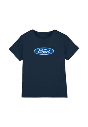 Navy blue short-sleeve t-shirt with white and blue oval Ford logo centered on the chest against a white background.