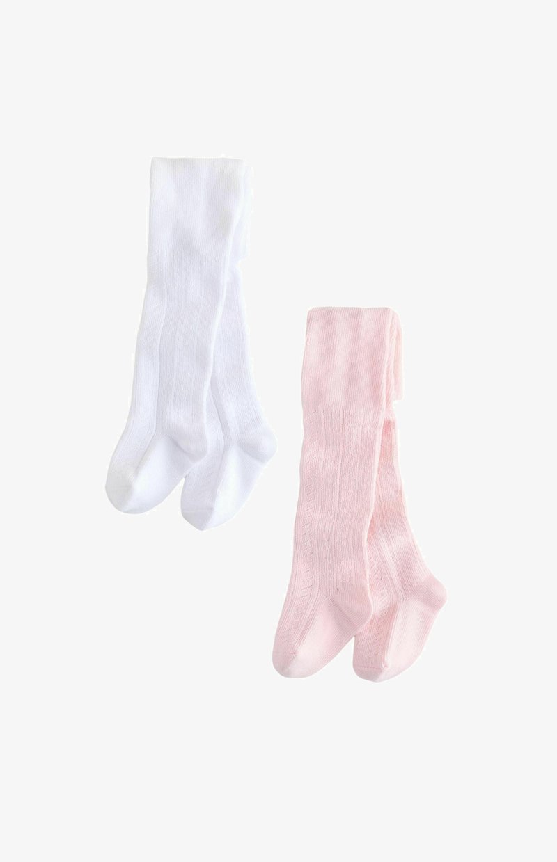 Calze al ginocchio bianche e rosa con texture a coste e puntale e tallone rinforzati. Ogni calza ha una finitura liscia e una lucentezza sottile.