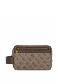 Bruine crossbody tas met patroon, voorzien van een ritsluiting, leren accenten en een klein voorvak met gouden hardware.