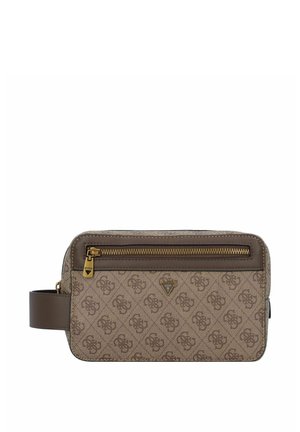 Bruine crossbody tas met patroon, voorzien van een ritsluiting, leren accenten en een klein voorvak met gouden hardware.
