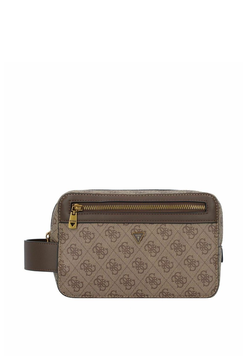 Bruine crossbody tas met patroon, voorzien van een ritsluiting, leren accenten en een klein voorvak met gouden hardware.