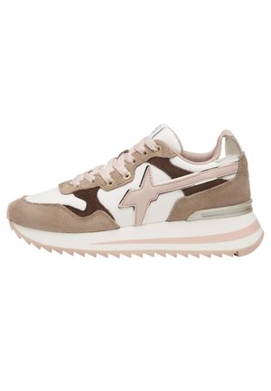 Sneakers featuring a white leather upper, light brown suede accents, pink details, and a textured sole with a zigzag pattern.