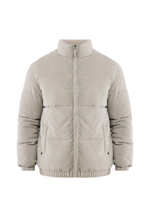 Lichtbeige corduroy pufferjack met hoge kraag, frontzipper, elastische manchetten en zijzakken, getoond op een witte achtergrond.