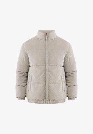 Giacca puffer in corduroy beige chiaro con colletto alto, zip frontale, polsini elasticizzati e tasche laterali, mostrata su uno sfondo bianco.