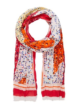 Leichter Schal mit roten, orangefarbenen, cremefarbenen und weißen Abschnitten, bedeckt mit kleinen, mehrfarbigen quadratischen Mustern und horizontalen Streifen.