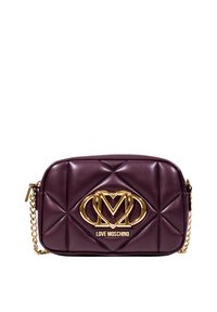 Borsa a tracolla in pelle viola trapuntata con logo dorato e tracolla a catena. Presenta una forma rettangolare e una texture liscia.