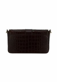 Borsa a clutch in pelle marrone scuro con texture a coccodrillo, forma rettangolare, chiusura a patta magnetica e dettagli in metallo argentato.