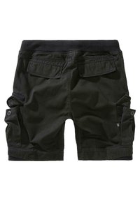 Juodi krovinių šortai su minkštu, elastingu juosmeniu. Yra keli kišenės, įskaitant šoninius su sagomis dangtelius ir užpakalines kišenes siūlės.