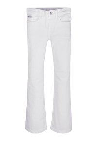 Witte flare jeans met vijf zakken, een knoopsluiting en subtiele stikdetails. Gemaakt van denim met een gladde textuur.