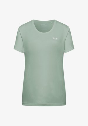 T-shirt vert menthe à manches courtes avec un col rond et un petit logo blanc sur la poitrine gauche. Texture de tissu lisse, coupe décontractée.