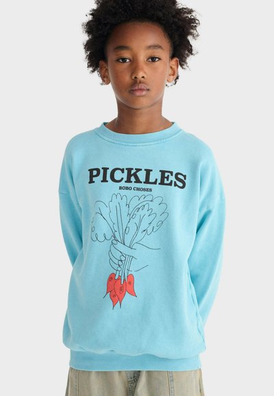 Bambino con capelli ricci che indossa una felpa azzurra chiaro con il testo "PICKLES" e un'illustrazione di una mano che tiene verdure a foglia.