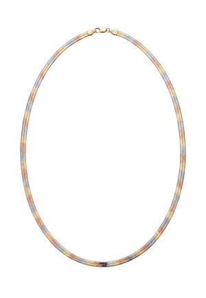 Driekleurige gouden ketting met afwisselende schakels van geel, rosé en witgoud en een karabijnsluiting.