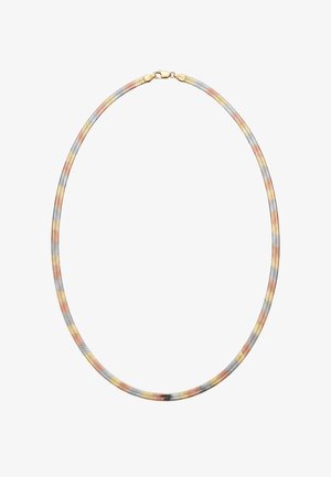 Driekleurige gouden ketting met afwisselende schakels van geel, rosé en witgoud en een karabijnsluiting.