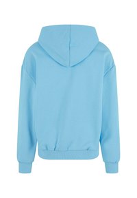 Felpa leggera blu con cappuccio, polsini a coste e orlo inferiore. Tessuto morbido, vestibilità comoda e senza motivi o accessori visibili.