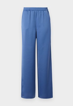 Blaue weite Hosen mit elastischem Bund, gefertigt aus glattem Stoff. Sie haben einen geraden Schnitt und keine sichtbaren Taschen oder Verzierungen.
