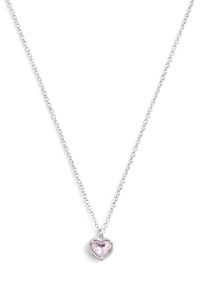 Silver chain necklace featuring a heart-shaped pendant with a light pink gemstone, polished finish, and simple link design.