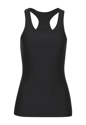 Schwarzes ärmelloses Tanktop mit Racerback-Design, aus glattem, elastischem Stoff, taillierte Passform und sauberen Kanten.
